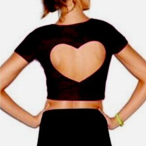 PINK VS Y2K Black Heart Cut Out Back Short Sleeve Cropped Tshirt Large *Med